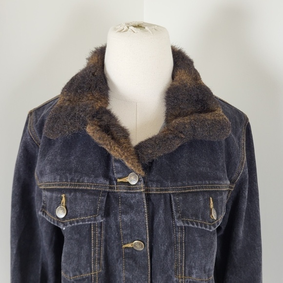 Y2K Denim Jacket Fur Lined Collar Button Up Down Long Sleeve Dark Wash - Picture 6 of 14